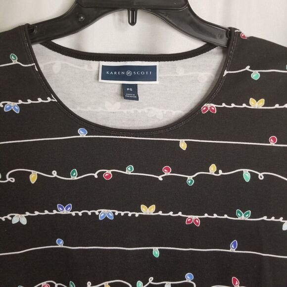 Petite Women's Top Karen Scott Holiday Light Design Black Size PS 3/4 Sleeve NEW - Picture 5 of 8